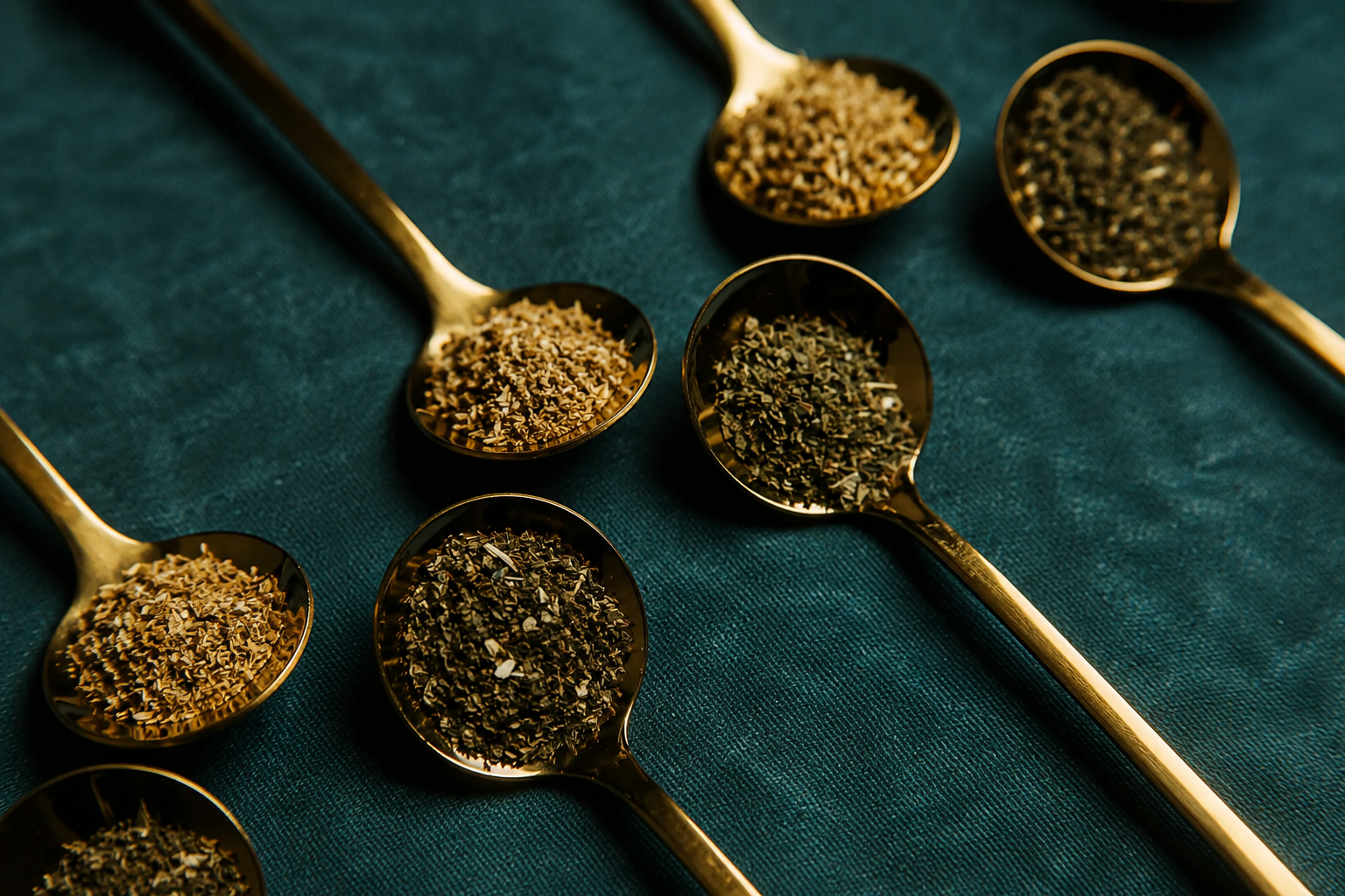 Goldene Löffel mit getrockneten Thai-Kräutern