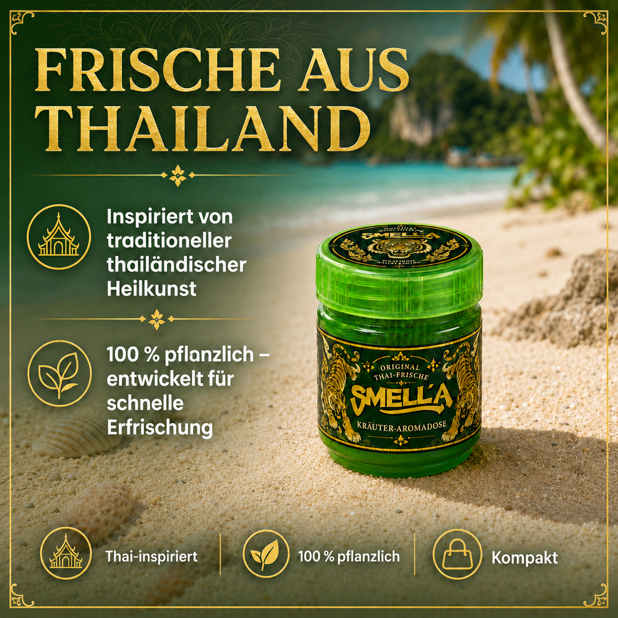 Smella Aromadose vor tropischer Kulisse als Hinweis auf thailändische Inspiration